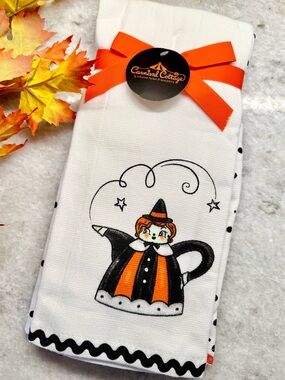 New Johanna Parker Carnival Cottage Halloween Witch Teapot Kitchen Towel 2Pc Set